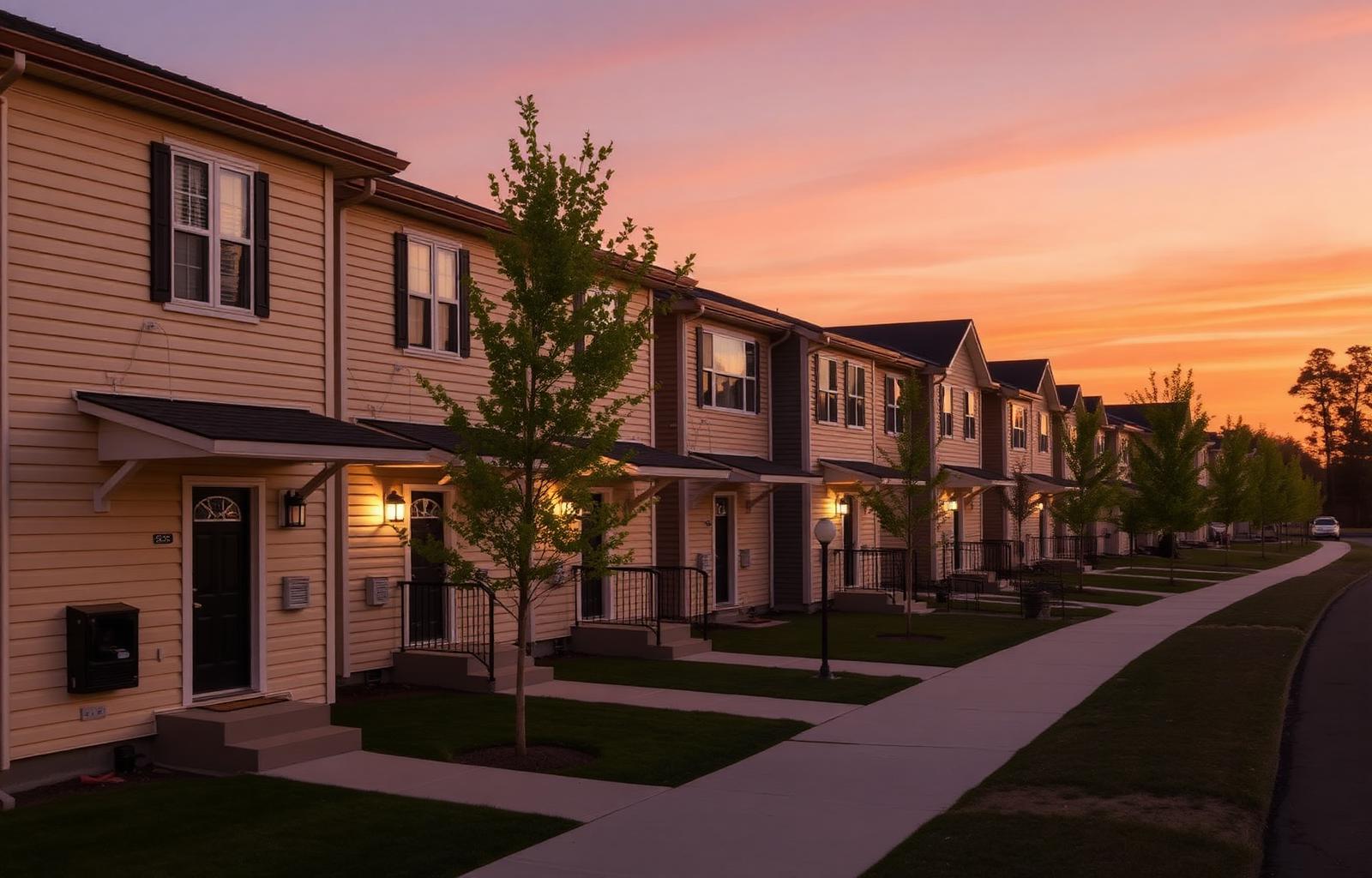 Elmstone Village homes at twilight