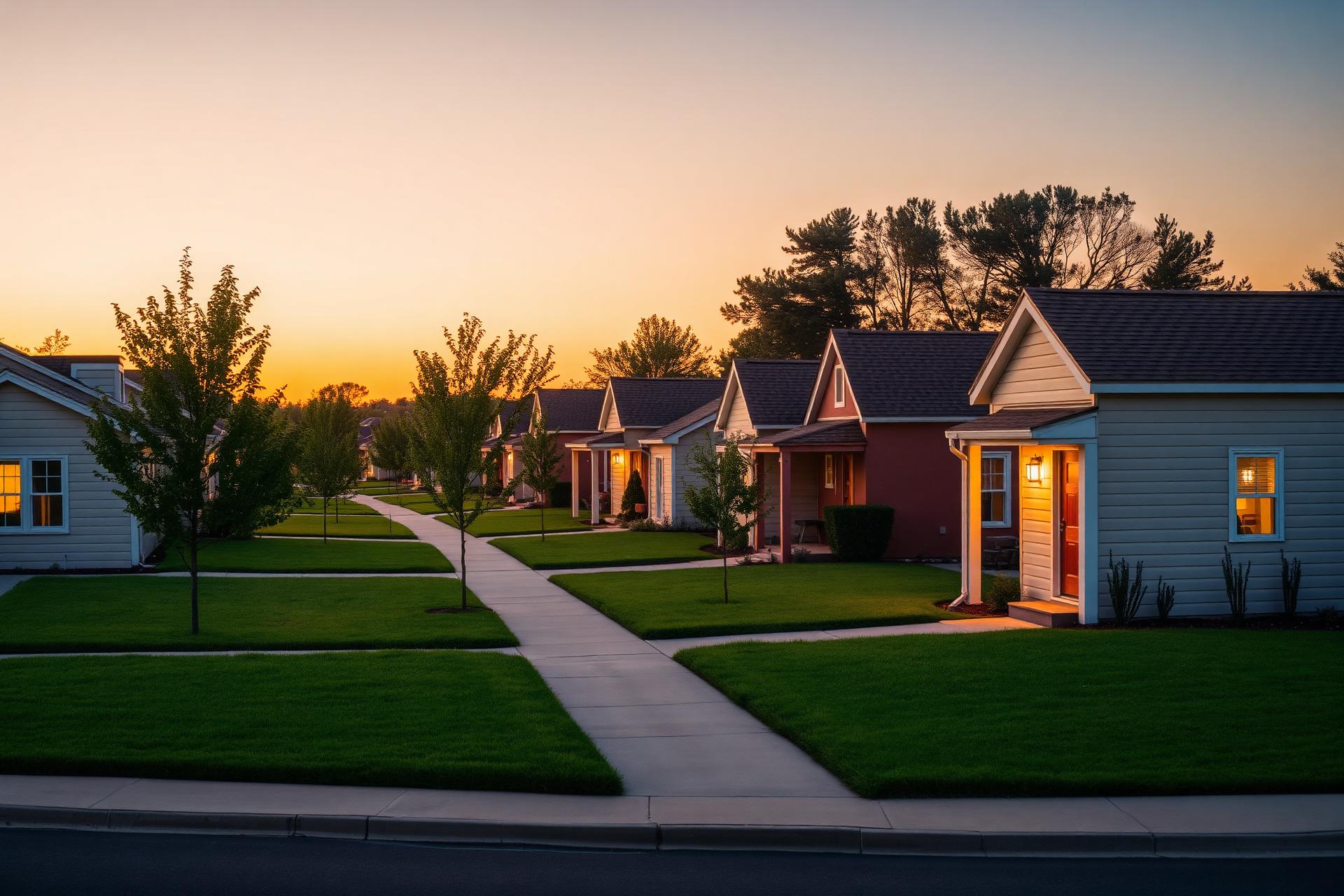 Elmstone Village neighborhood at twilight
